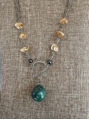 Artisan Green Stone Pendant Necklace with Citrine Beads